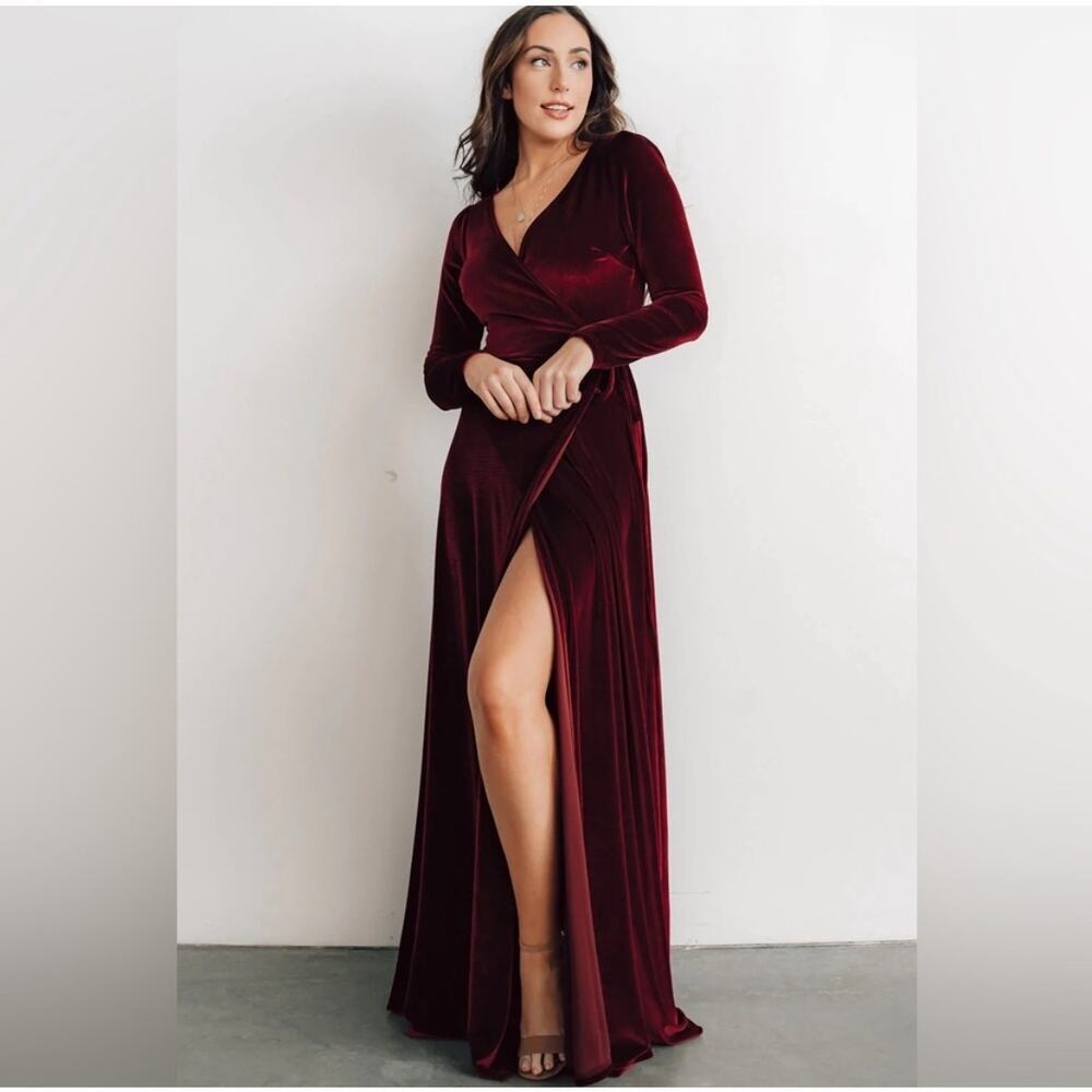 Baltic Born Esmeralda Merlot Red Velvet Wrap Dress Maxi Long Sleeve Size Small